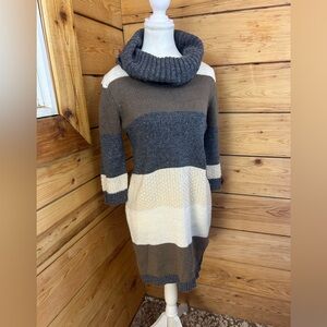 Cowl Neck Sweater Dress Women’s Large Brown Grey Cream Knit Retro Y2K 2000s Cozy